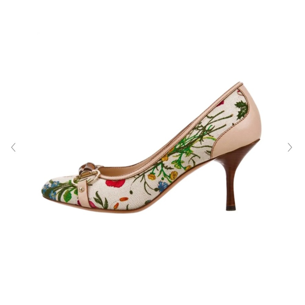 Gucci Floral Canvas Bamboo Horsebit Pumps